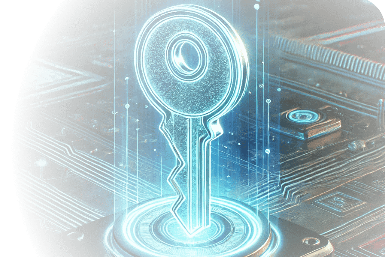 Digitaler Schlüssel mit Leiterplattenhintergrund für sichere KI-Plattform