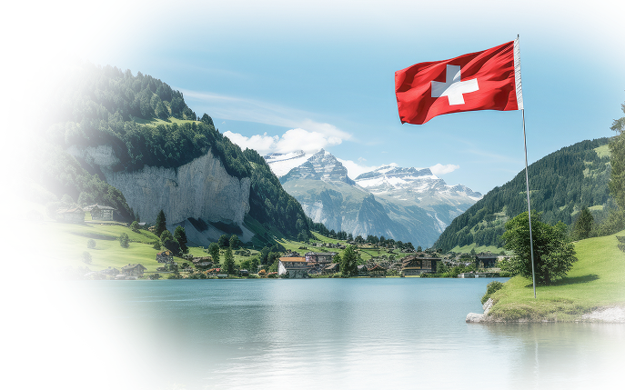 Landschaftsansicht der Schweizer Alpen mit Flagge zur Darstellung von datenbezogenen Diensten mit Sitz in der Schweiz